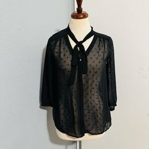 Elle‎ Women Black Sheer Blouse with Bow Tie Long Sleeve Size S